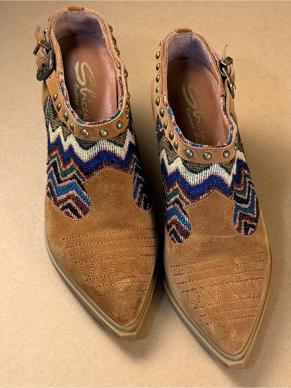 Sbicca Tan Suede Heeled Booties with Multicolor Chevron Inset - Picture 5 of 10